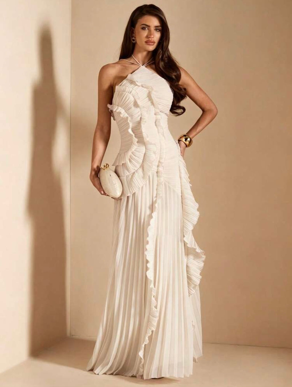 Rosalie Ruffle Pleated Maxi Dress - Apricot