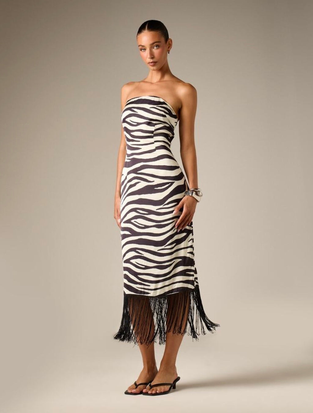 Ines Zebra Print Fringe Midi Dress