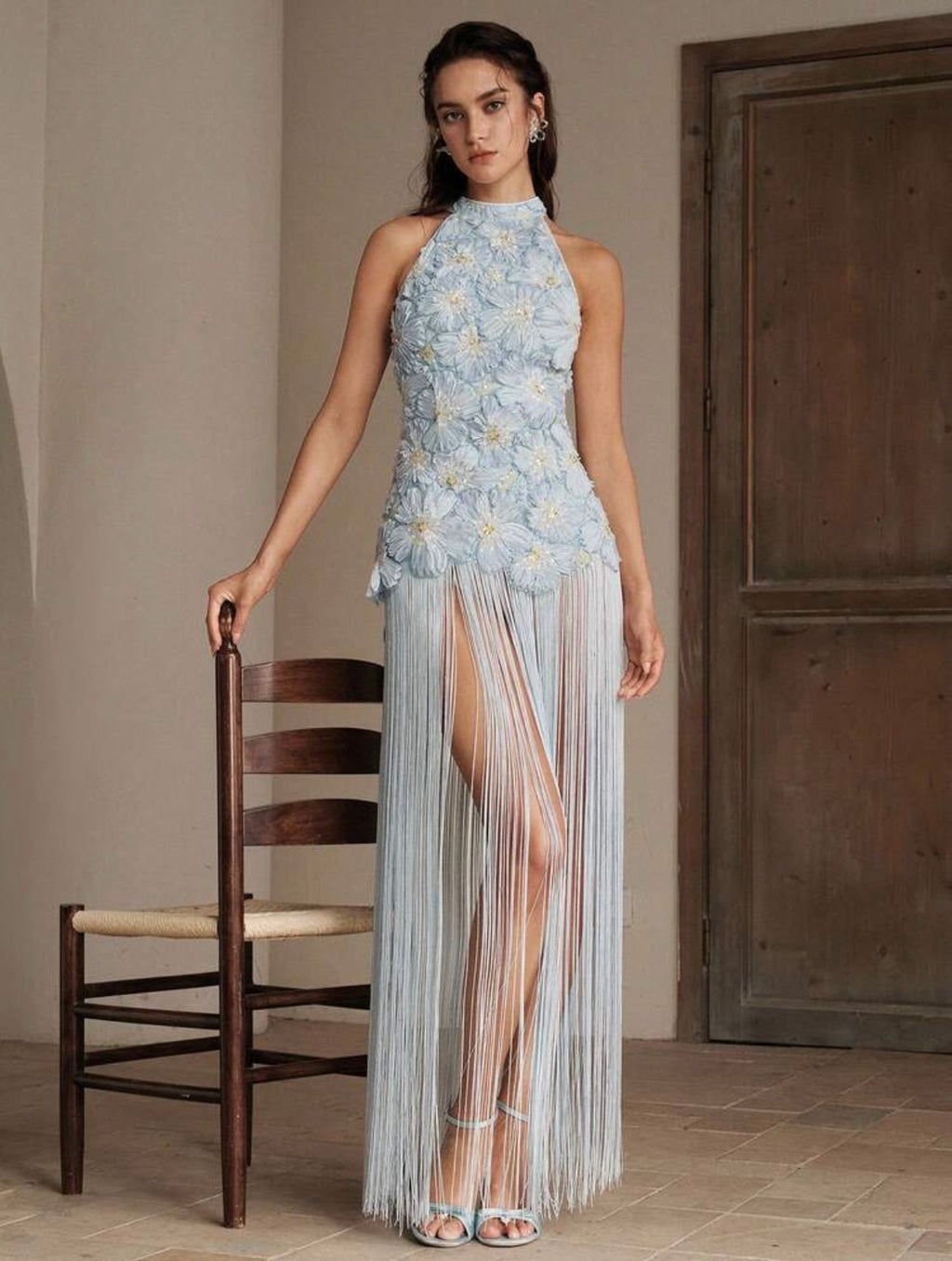 Elaria Floral Fringe Maxi Dress - Blue