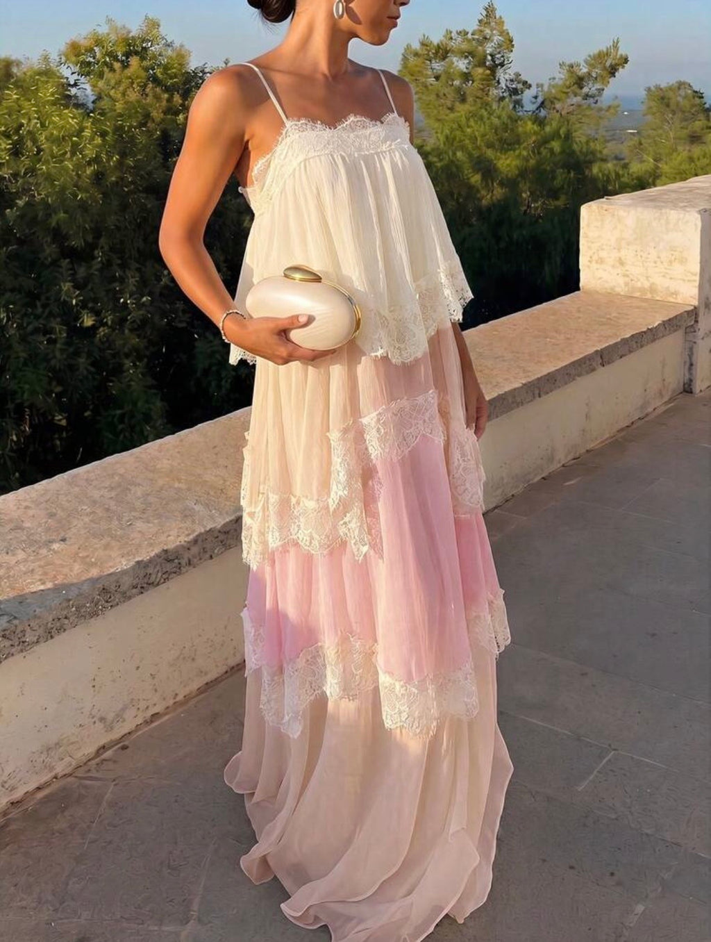 Joyce Lace Tiered Maxi Dress - Pink