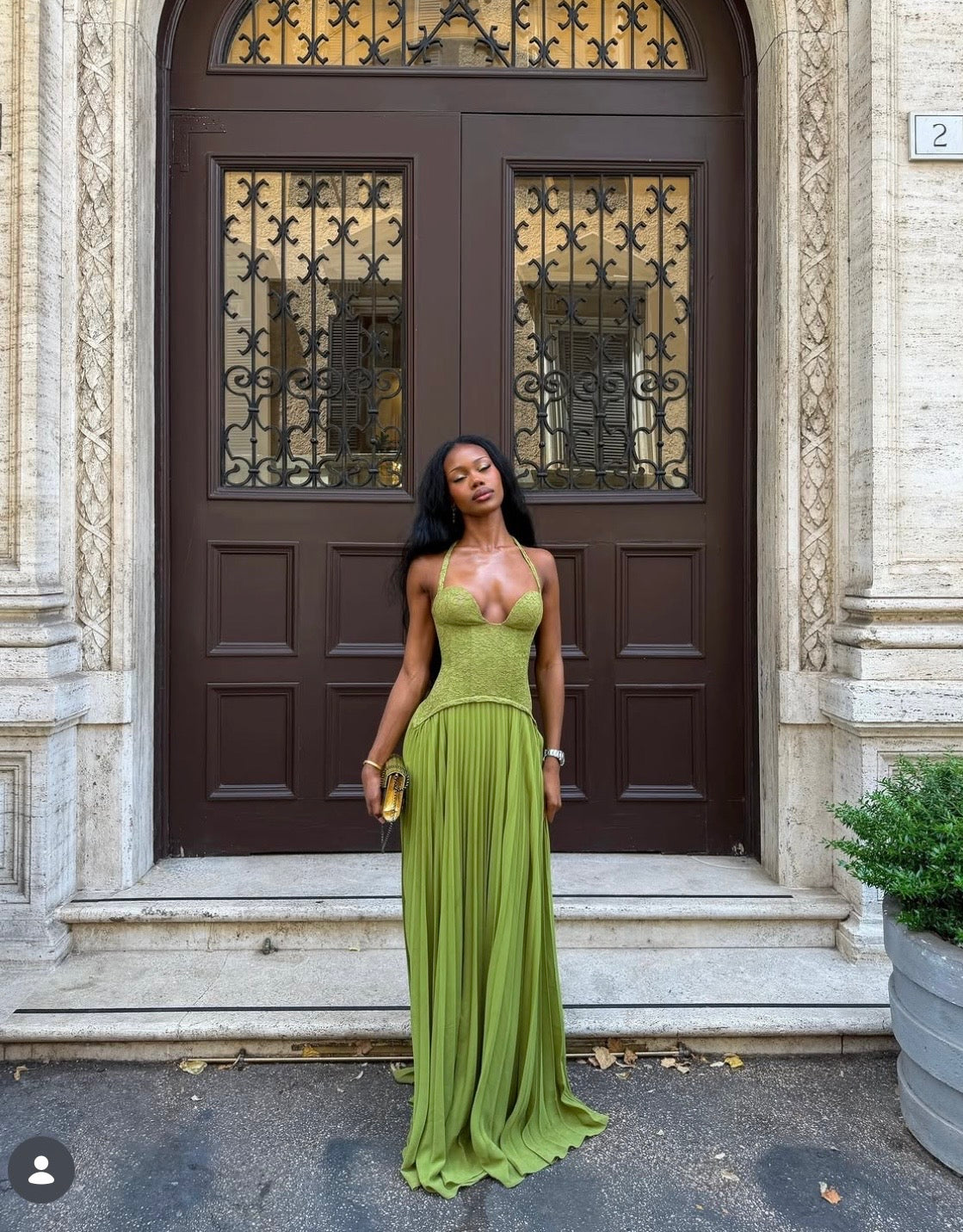 Esra Corset Pleated Maxi Dress - Olive