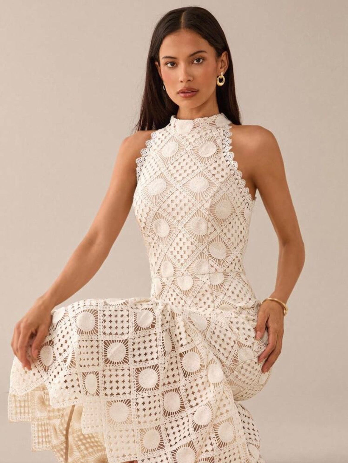 Sirinda Crochet Lace Midi Dress - Apricot