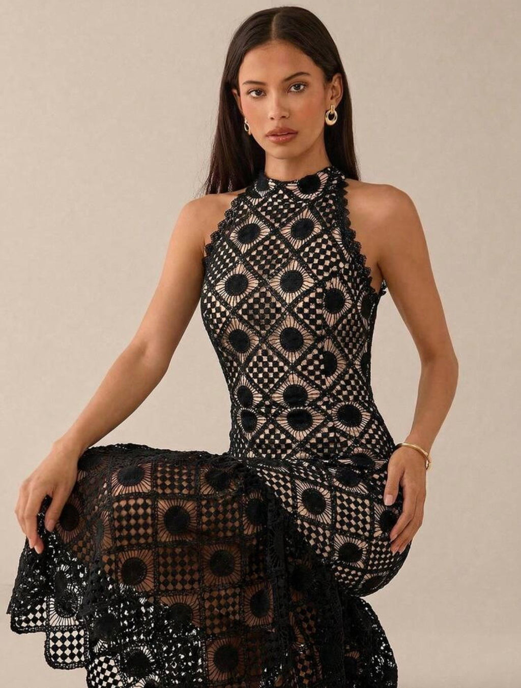 Sirinda Crochet Lace Midi Dress - Black
