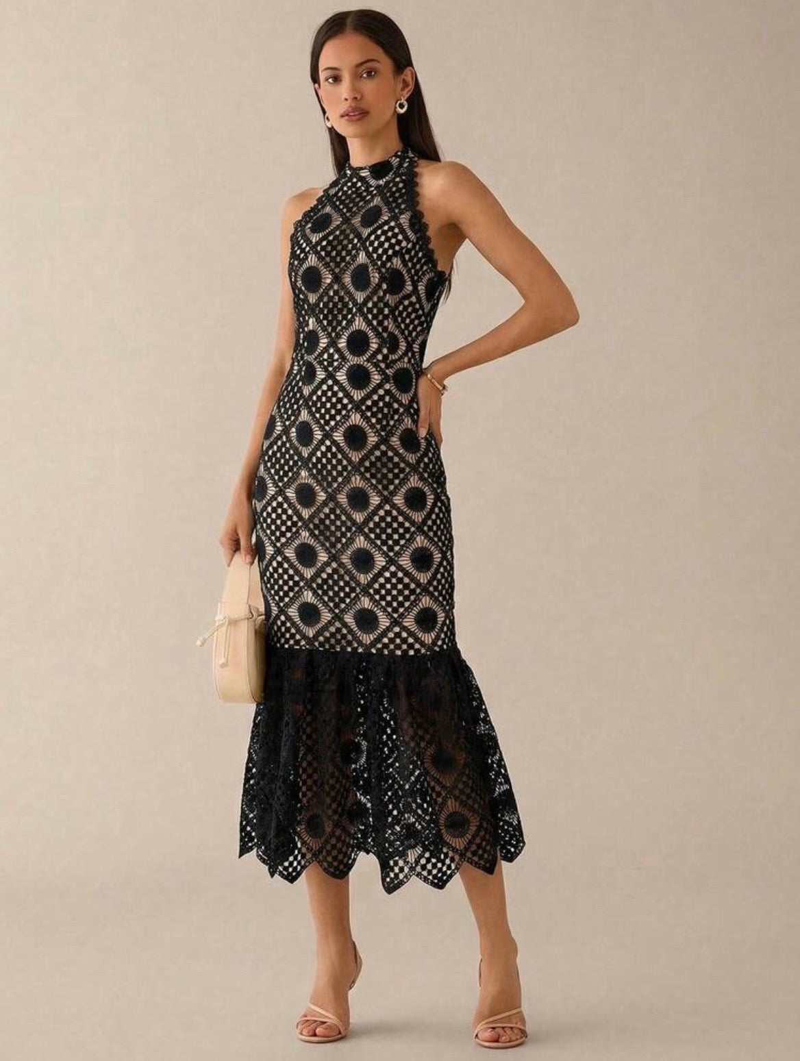 Sirinda Crochet Lace Midi Dress - Black
