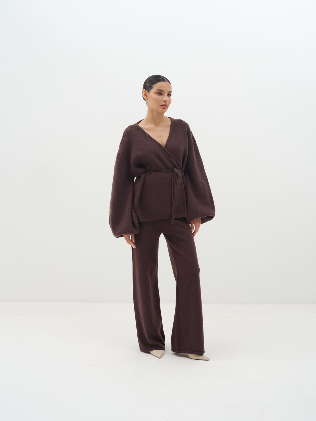 Azalia Wrap Top & Wide-Leg Trouser Set - Brown