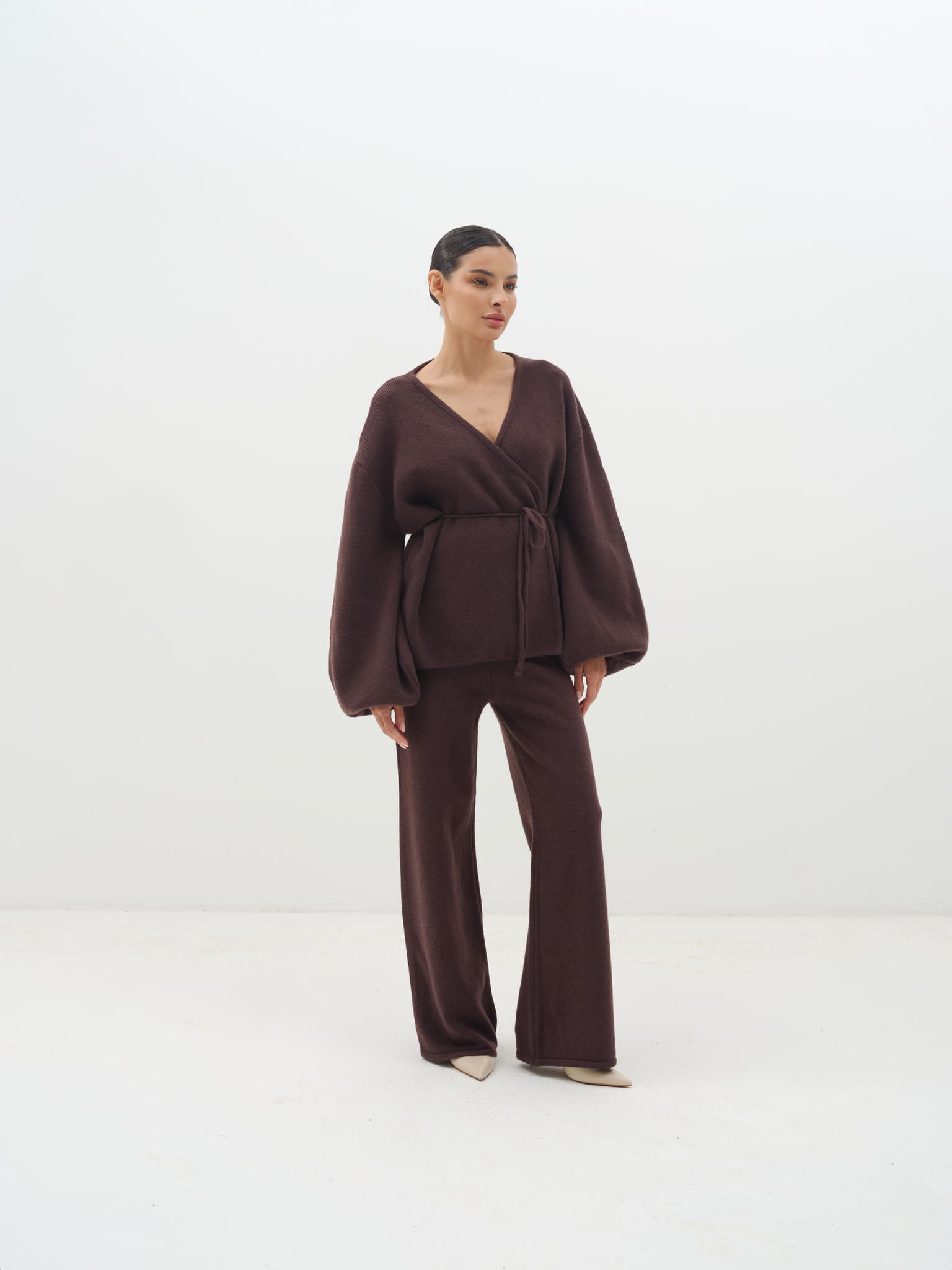 Azalia Wrap Top & Wide-Leg Trouser Set - Brown