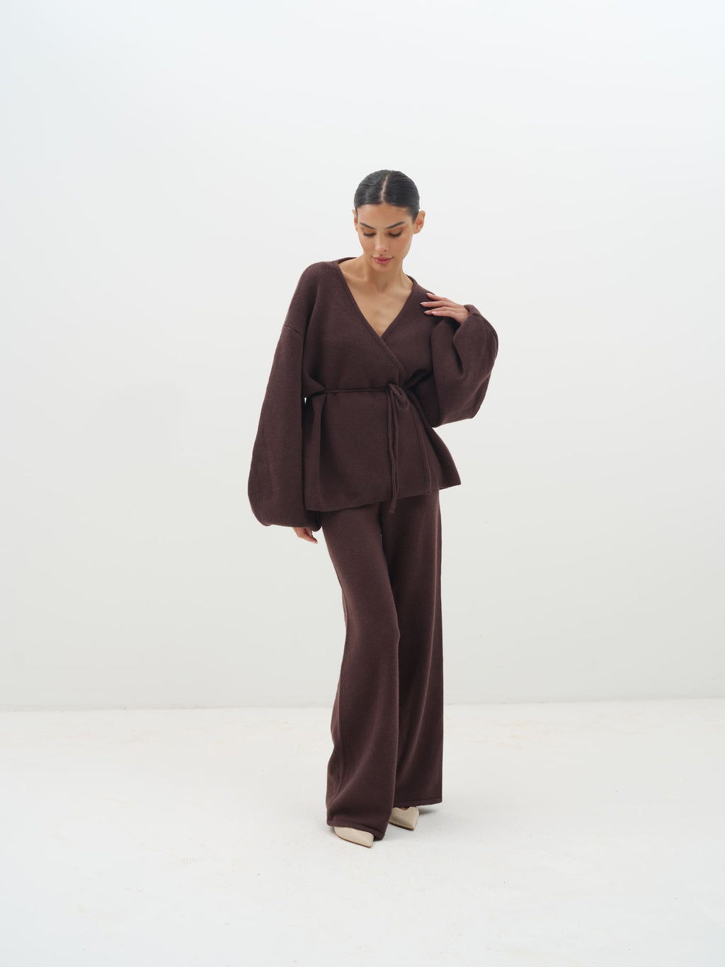 Azalia Wrap Top & Wide-Leg Trouser Set - Brown