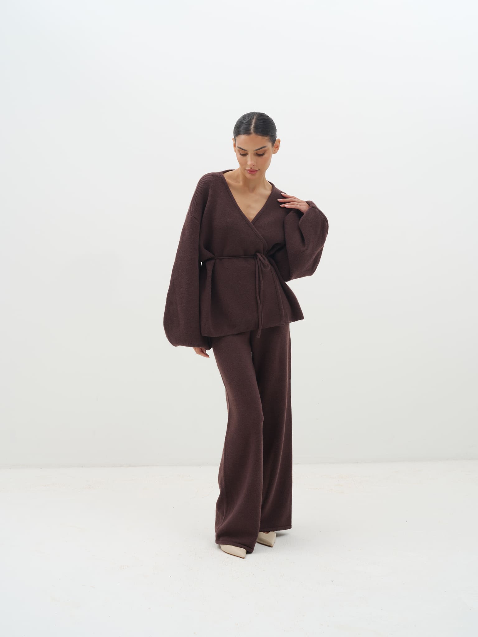 Azalia Wrap Top & Wide-Leg Trouser Set - Brown