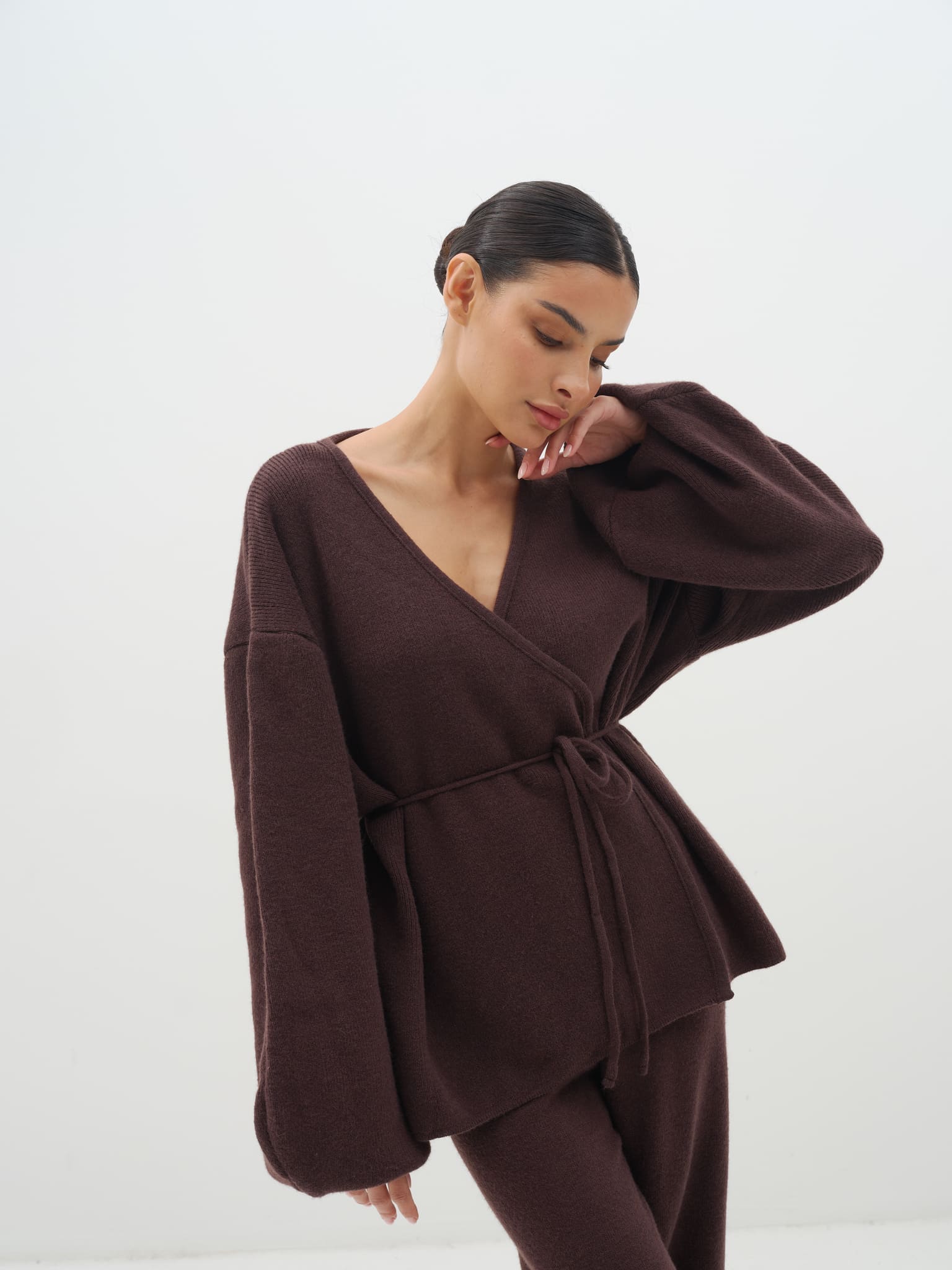 Azalia Wrap Top & Wide-Leg Trouser Set - Brown