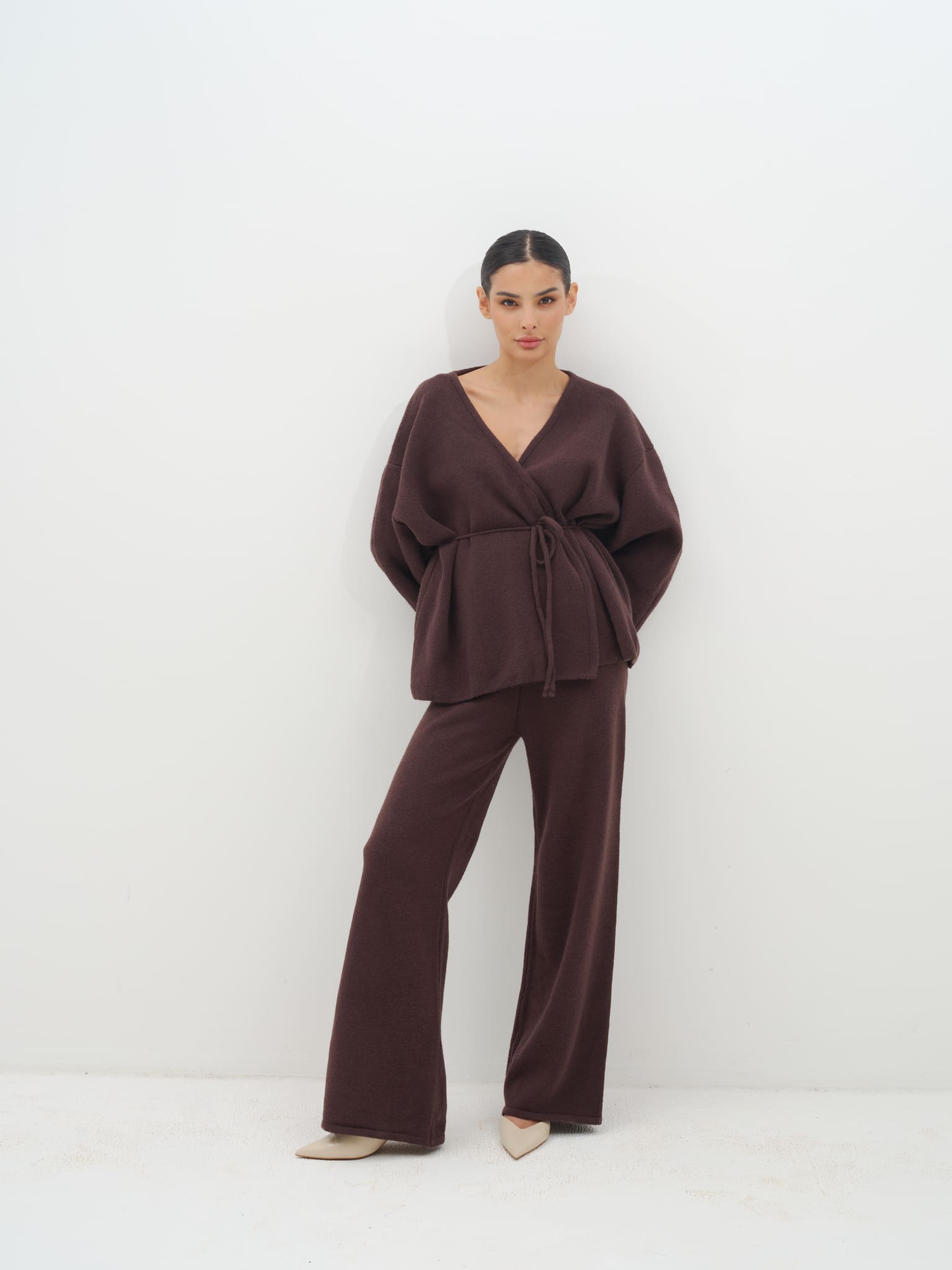 Azalia Wrap Top & Wide-Leg Trouser Set - Brown