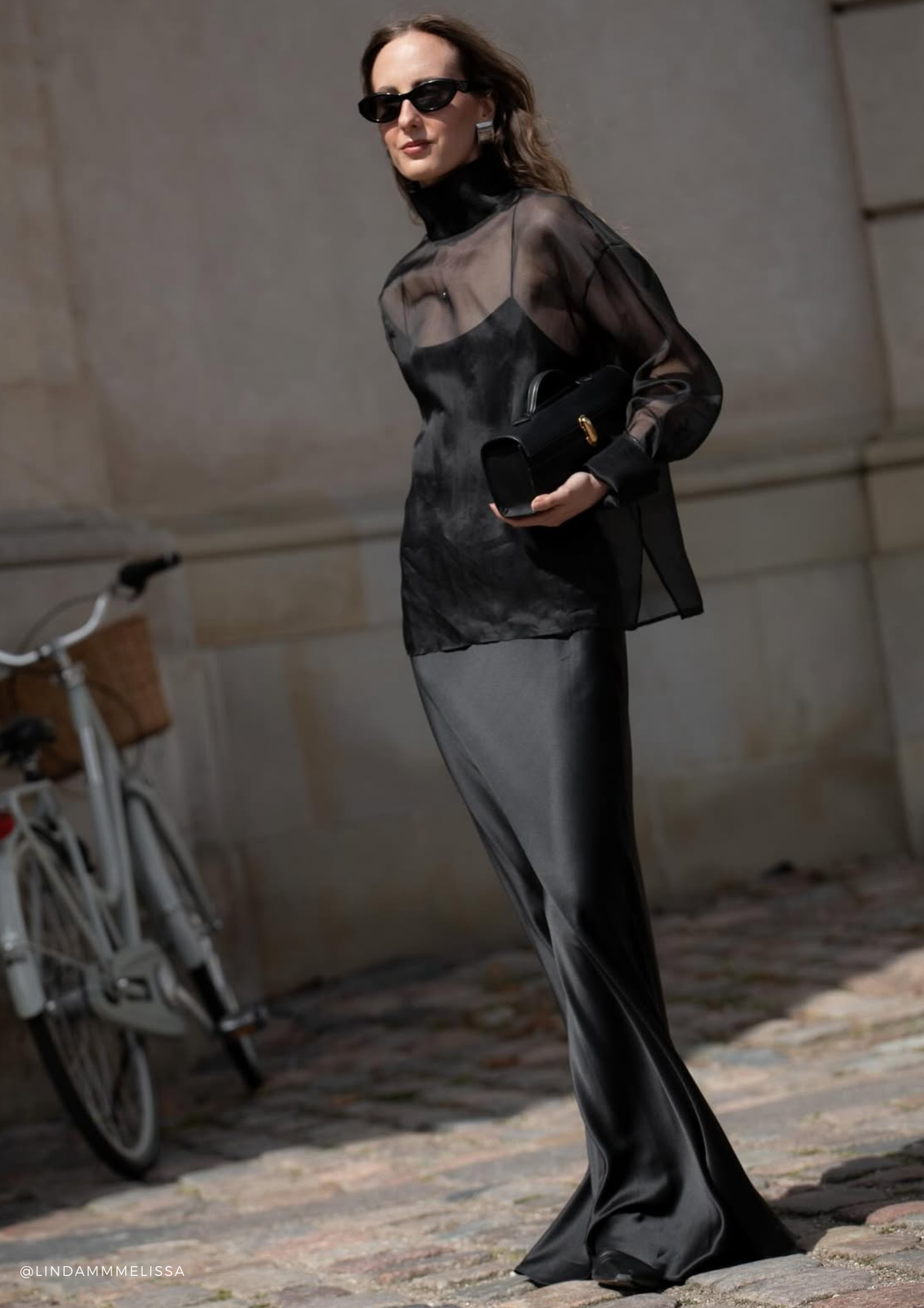 Carolyn Black Silk Satin Maxi Dress: Elegant Scoop Neck Bias Cut Gown