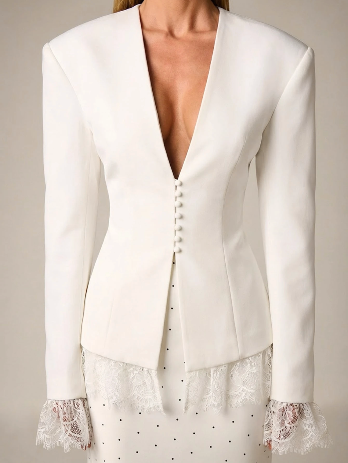 Anastasia Tailored Lace Trim Blazer - White