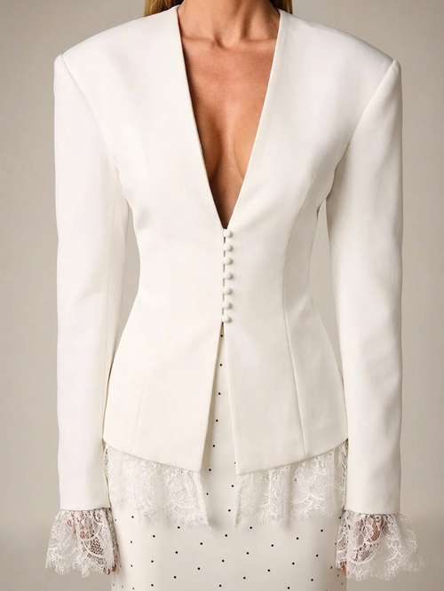Anastasia Tailored Lace Trim Blazer - White