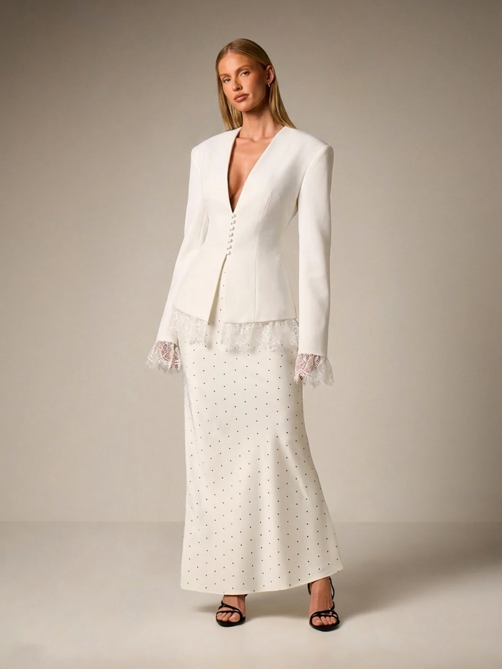 Anastasia Tailored Lace Trim Blazer - White