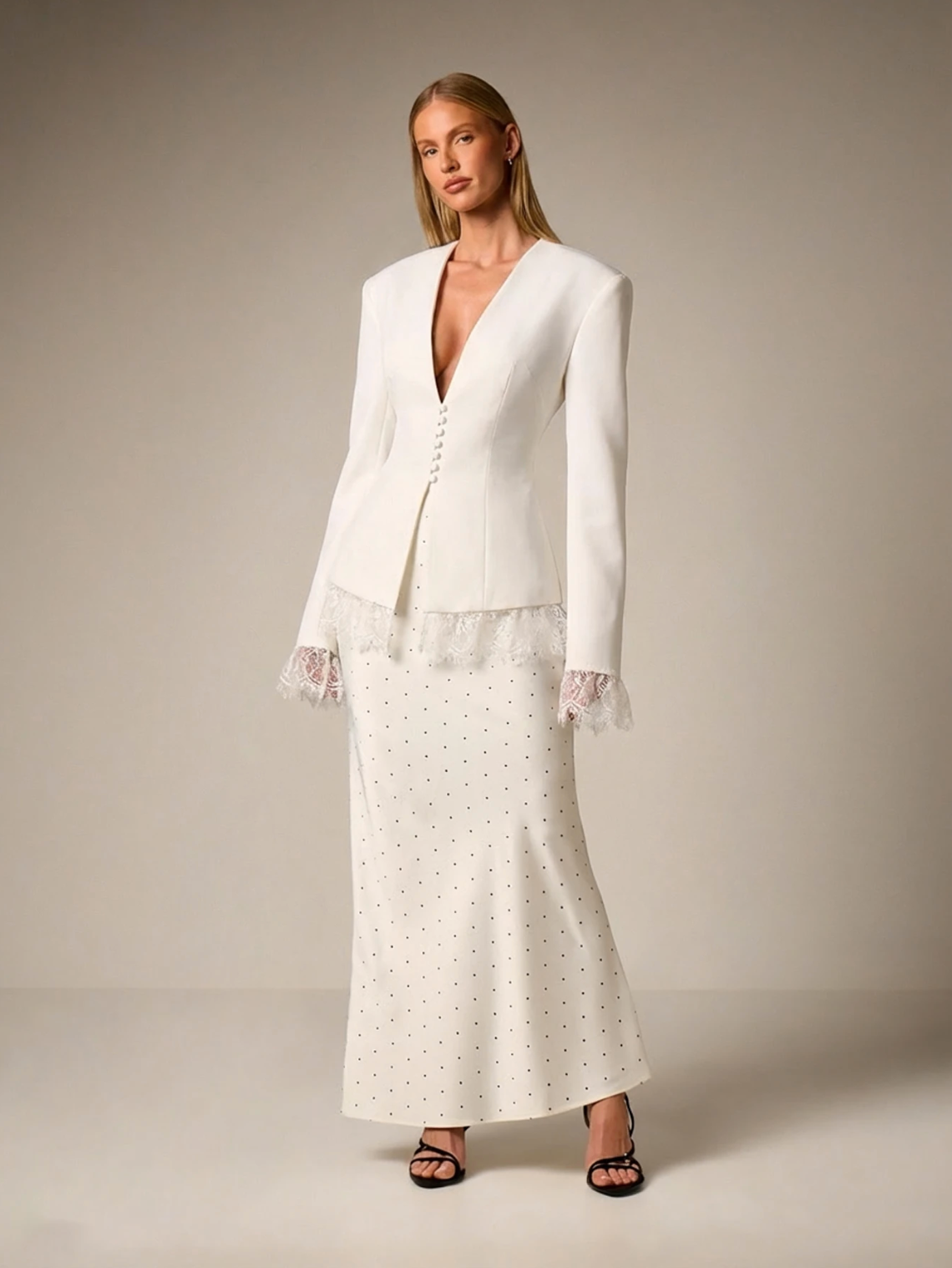 Anastasia Tailored Lace Trim Blazer - White