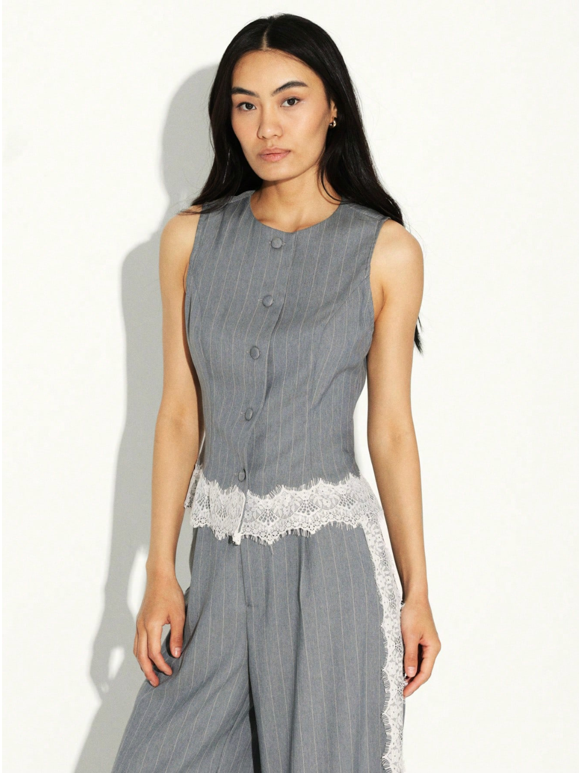 Bridget Pinstripe Lace-Trim Vest