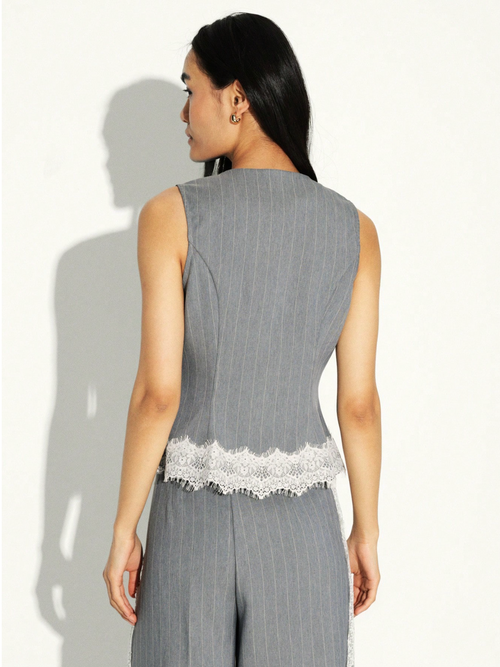 Bridget Pinstripe Lace-Trim Vest