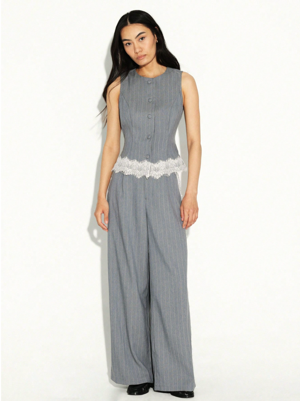 Bridget Pinstripe Lace-Trim Vest