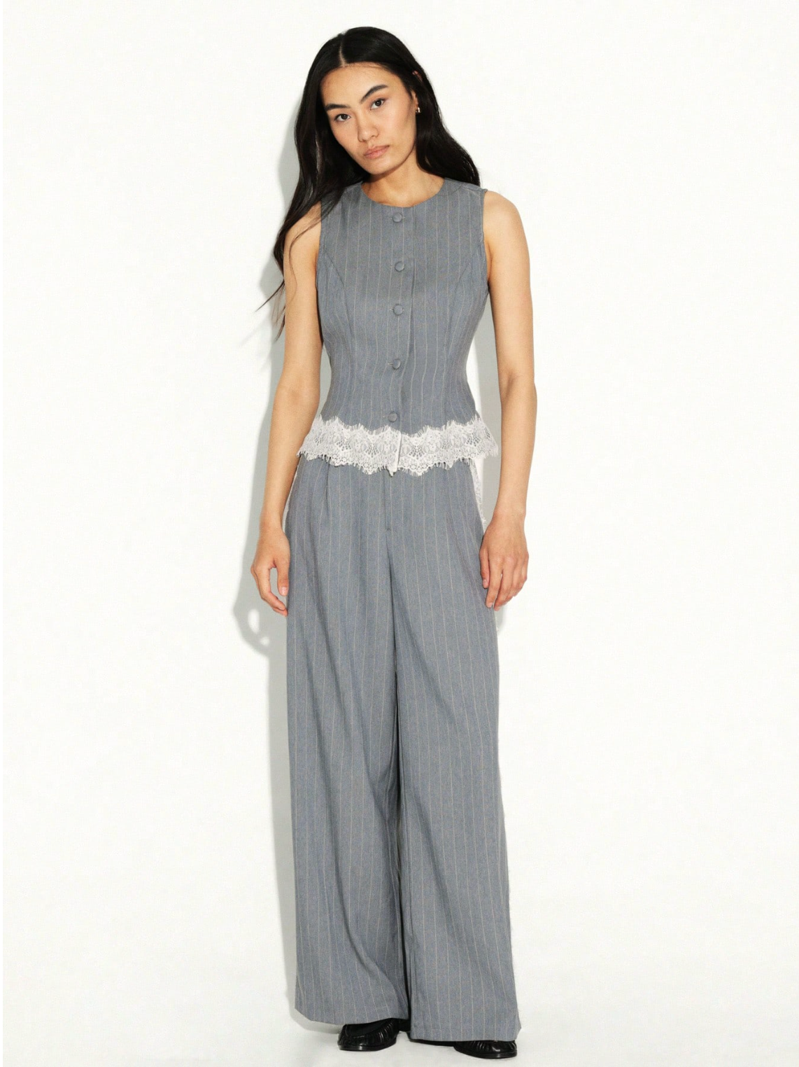 Bridget Pinstripe Lace-Trim Vest