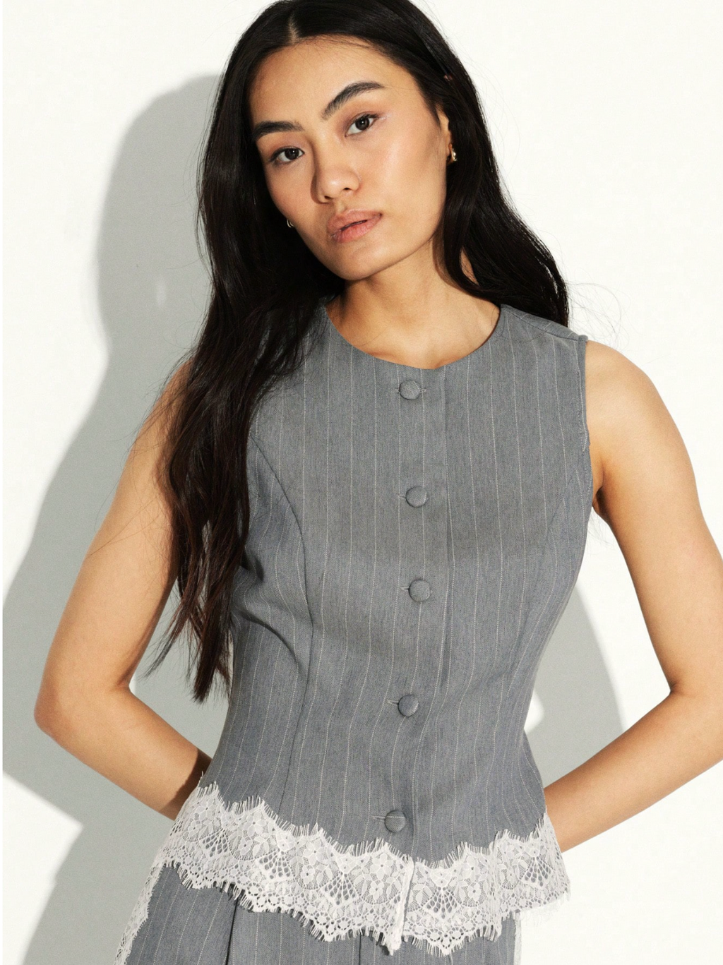 Bridget Pinstripe Lace-Trim Vest