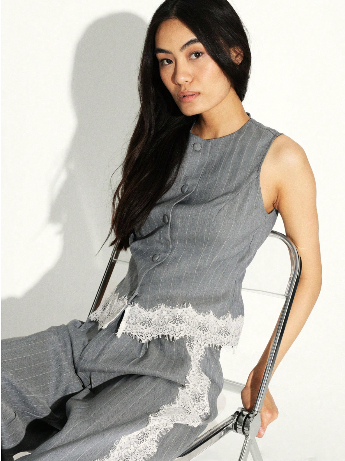 Bridget Pinstripe Lace-Trim Vest