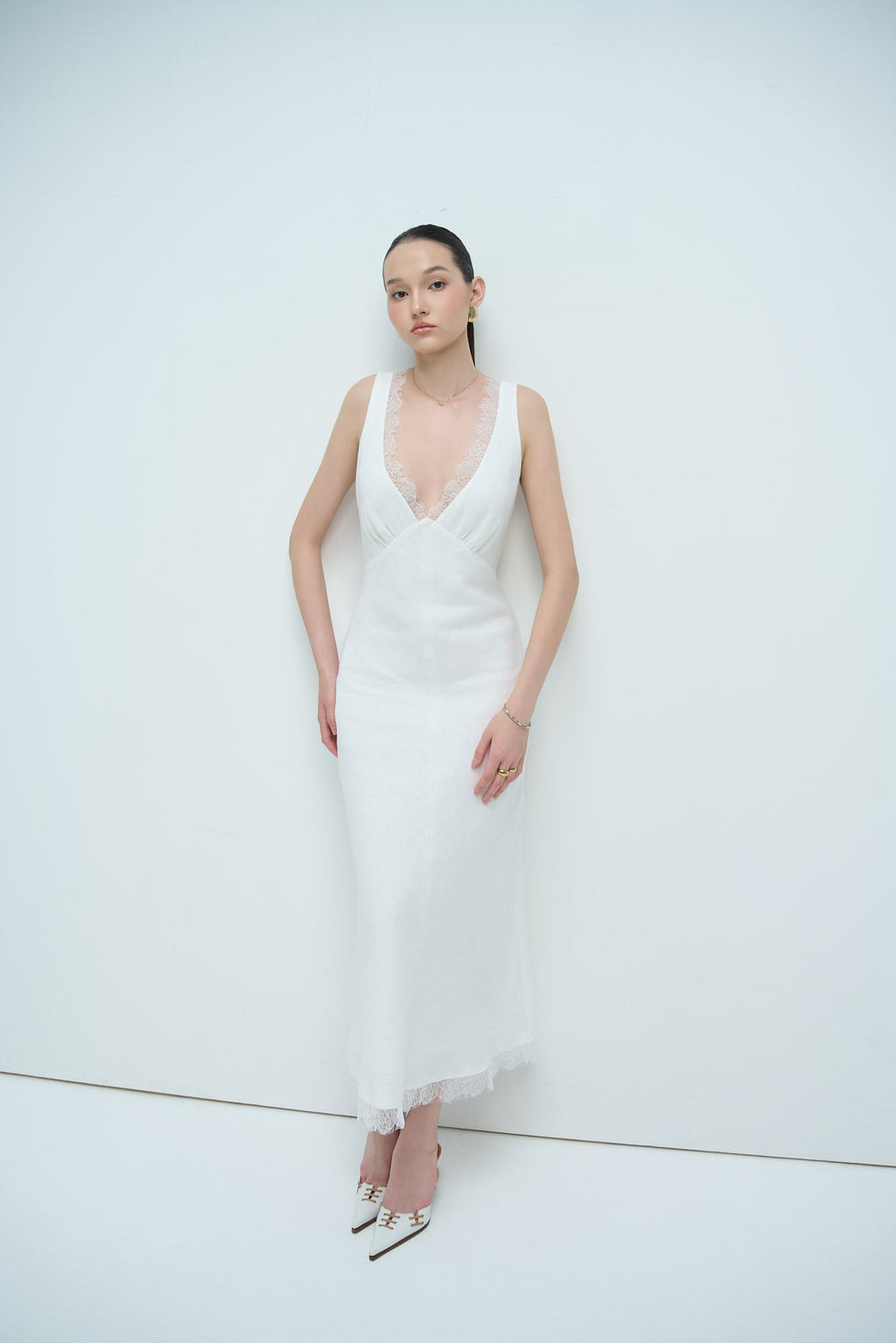 MAISIE LACE LINEN DRESS - WHITE