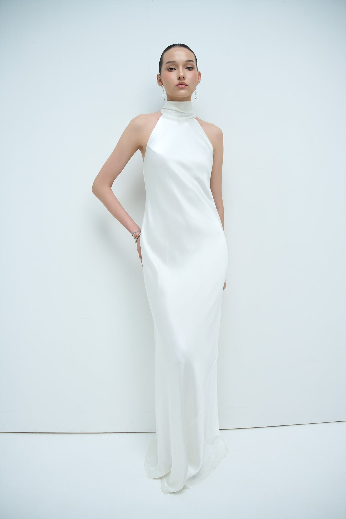 GLORIA HALTERNECK SATIN GOWN - WHITE (PREMIUM LINE)