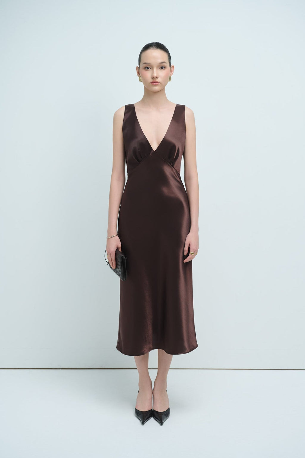 MAISIE SATIN MIDI DRESS - CHOCOLATE