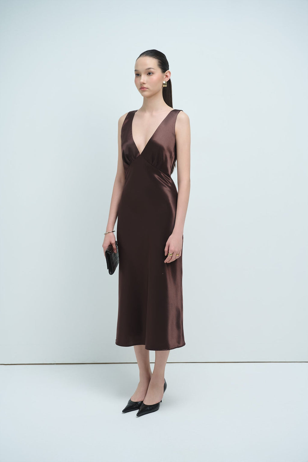 MAISIE SATIN MIDI DRESS - CHOCOLATE