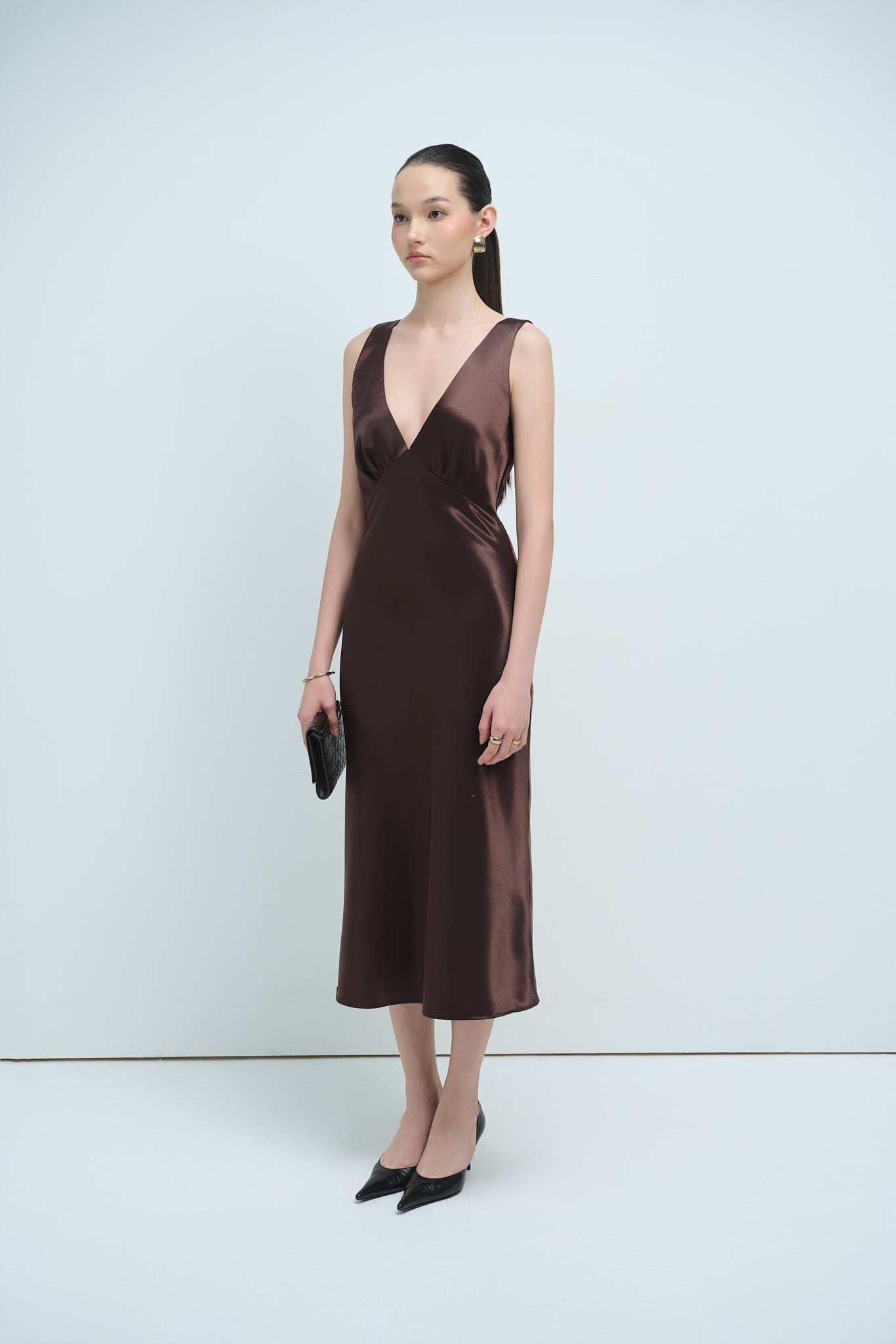 MAISIE SATIN MIDI DRESS - CHOCOLATE