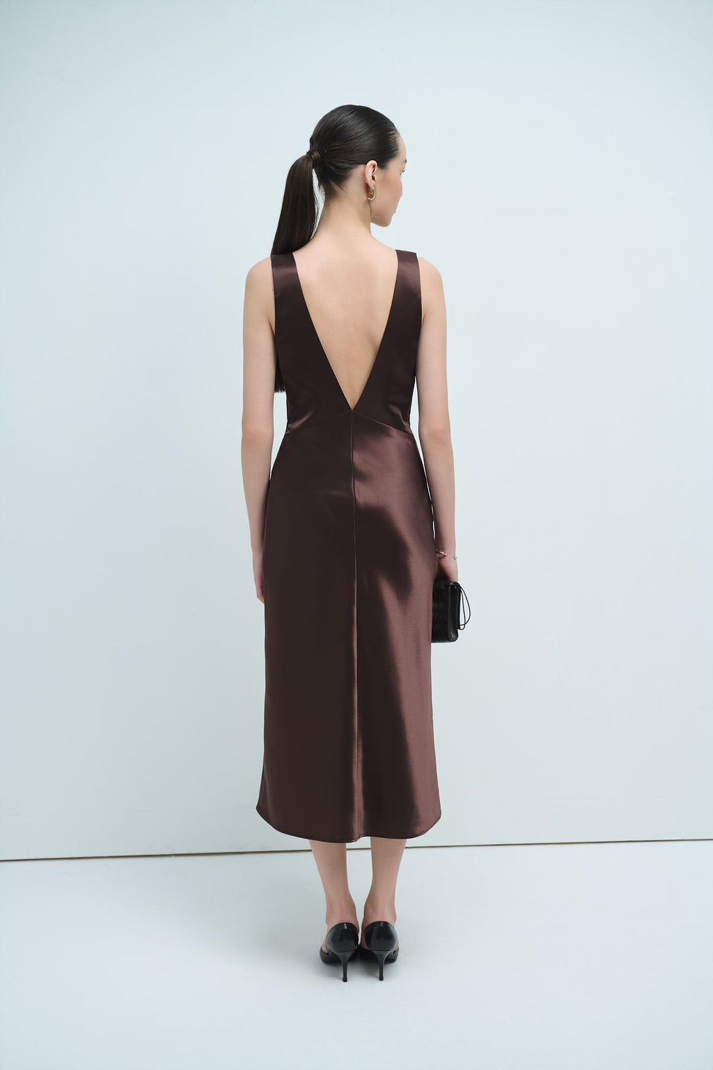 MAISIE SATIN MIDI DRESS - CHOCOLATE