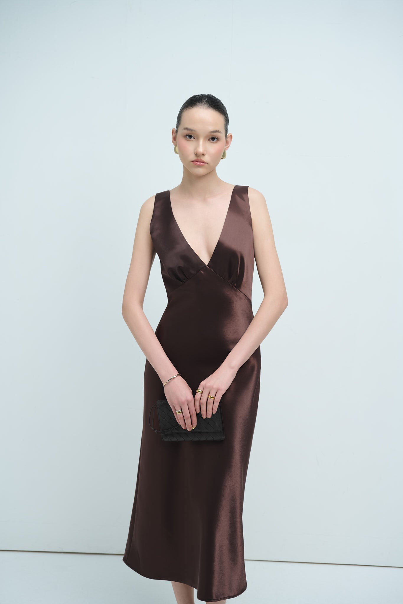 MAISIE SATIN MIDI DRESS - CHOCOLATE