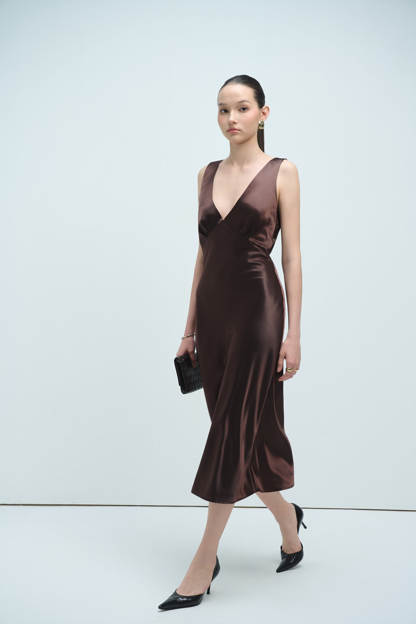 MAISIE SATIN MIDI DRESS - CHOCOLATE
