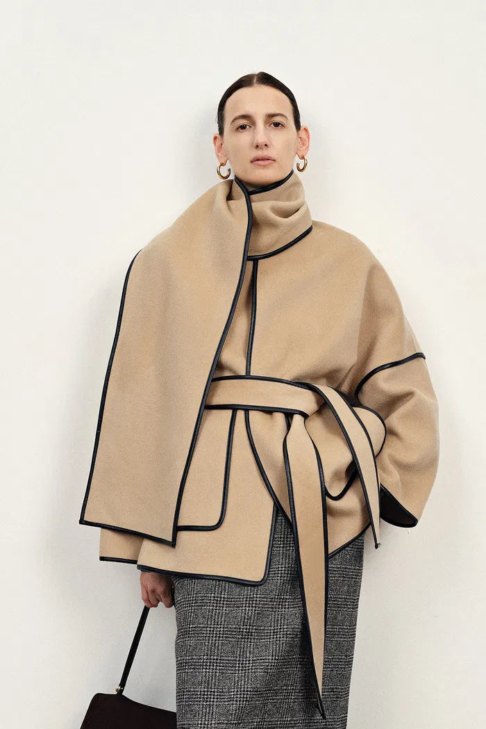 Lycoris Leather Trim Double Face Wool Coat in Merino Cashmere