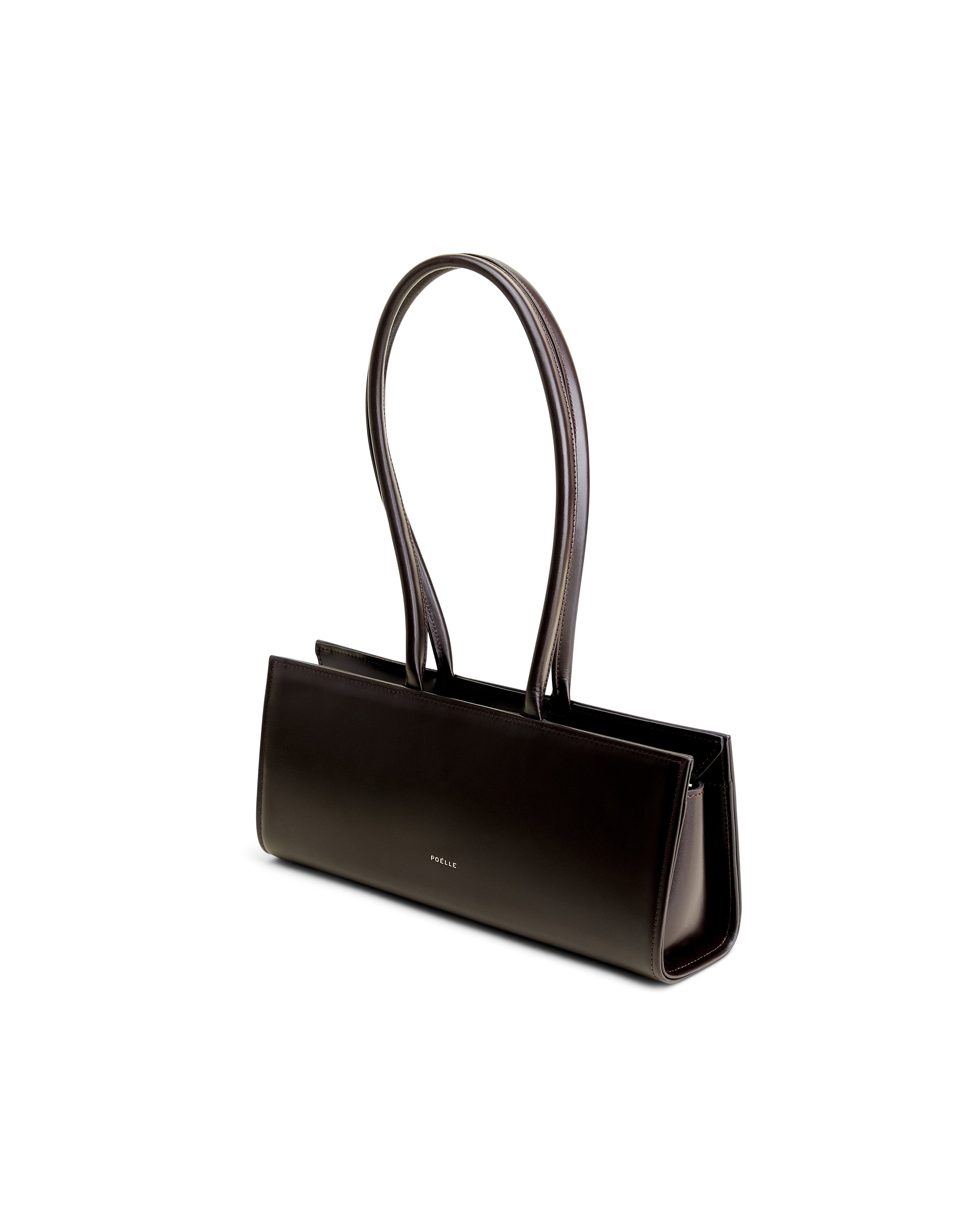 Poelle Atelier sleek brown leather handbag with elongated handles and minimalist design