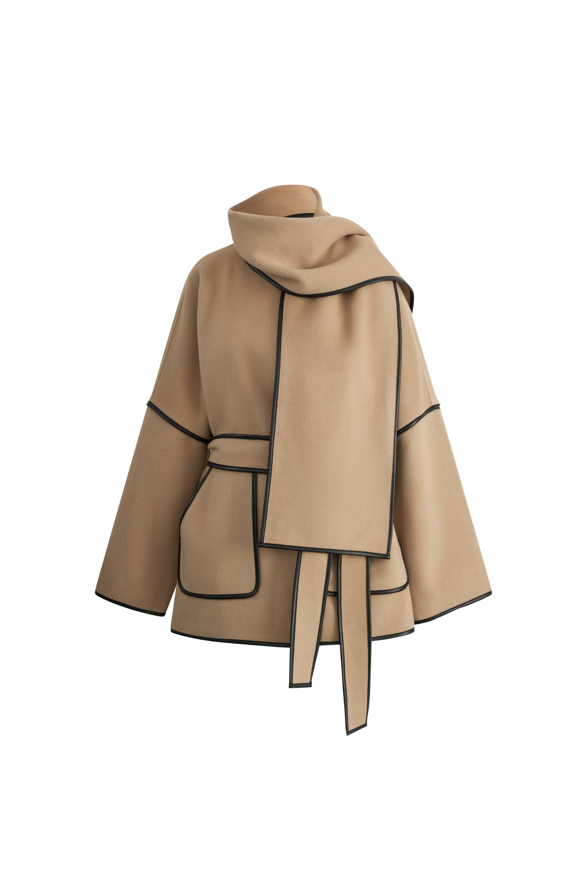 Lycoris Leather Trim Double Face Wool Coat in Merino Cashmere