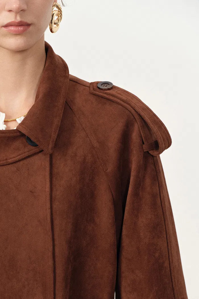 Tilda Detachable Epaulette  Trench Coat in Faux Suede