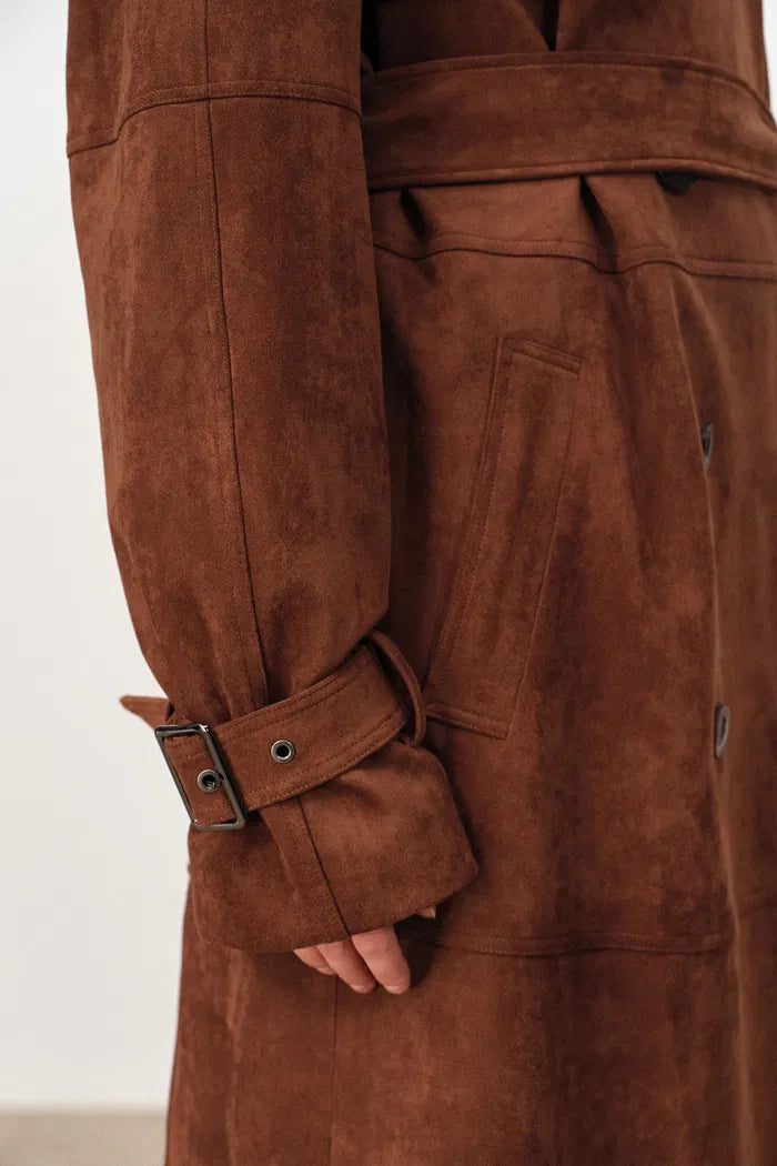 Tilda Detachable Epaulette  Trench Coat in Faux Suede