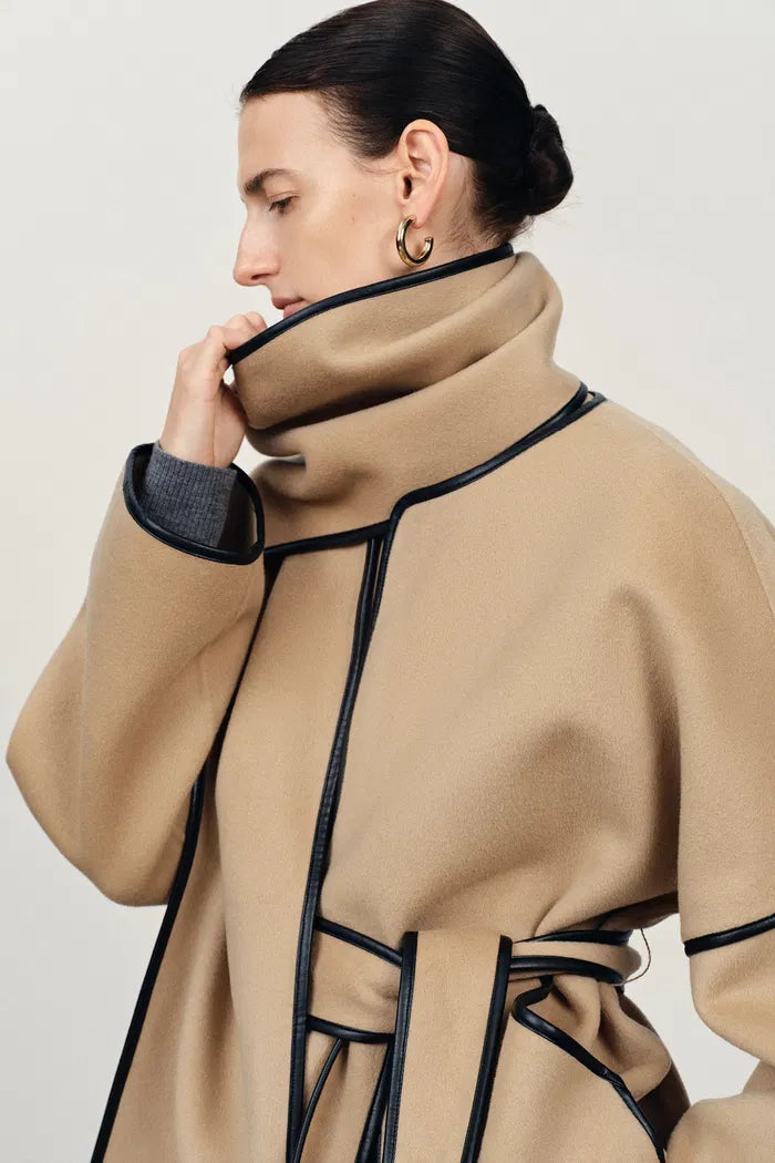 Lycoris Leather Trim Double Face Wool Coat in Merino Cashmere