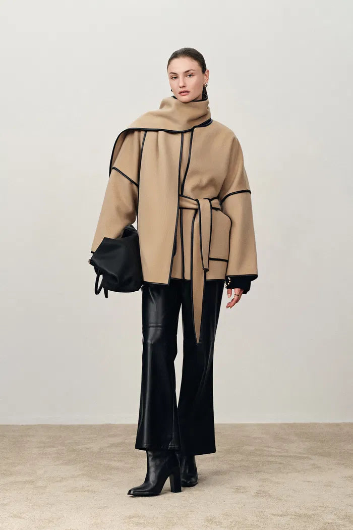 Lycoris Leather Trim Double Face Wool Coat in Merino Cashmere