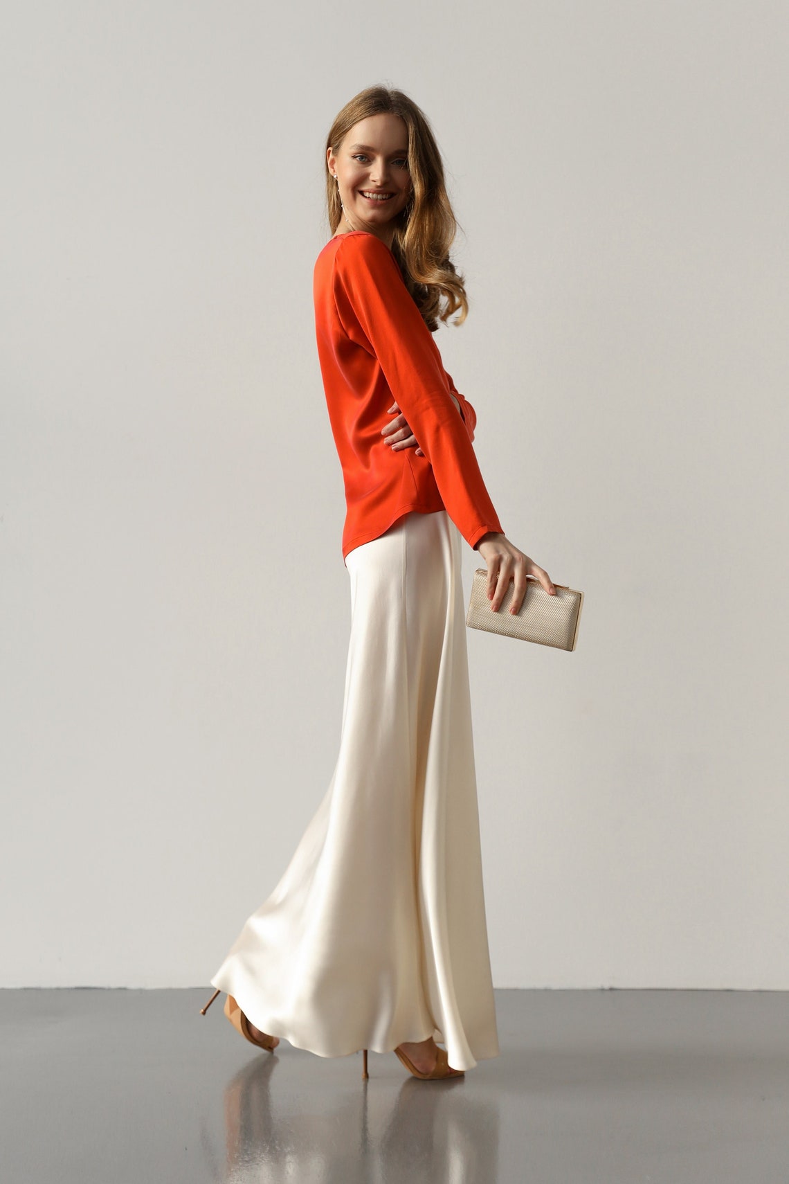 Alyssa Butter-Cream silk satin maxi skirt - Image 3