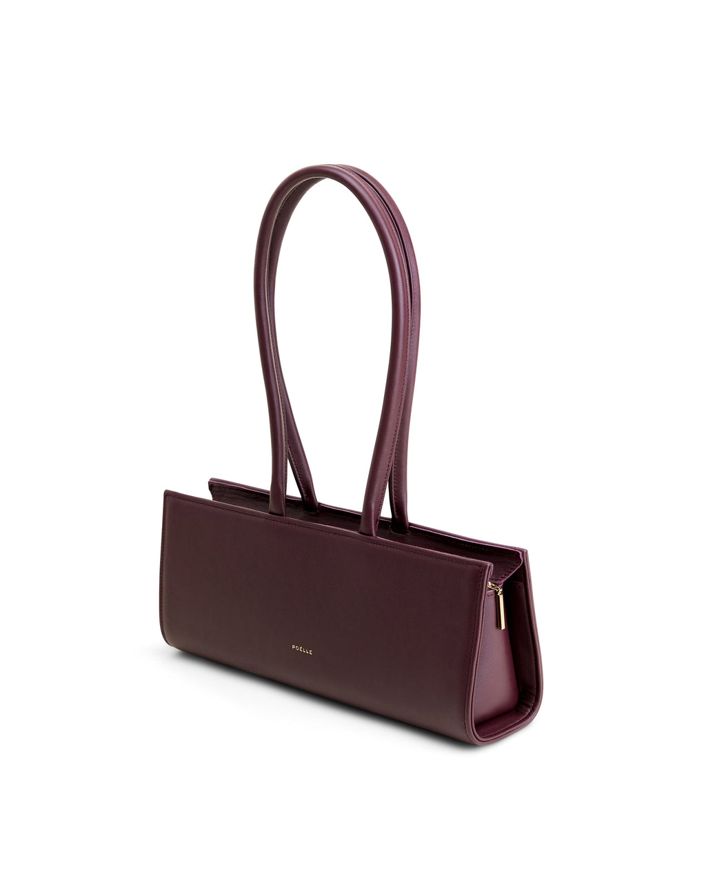 Poelle Atelier east-west horizontal leather bag in dark brown with long handles and gold zipper detail