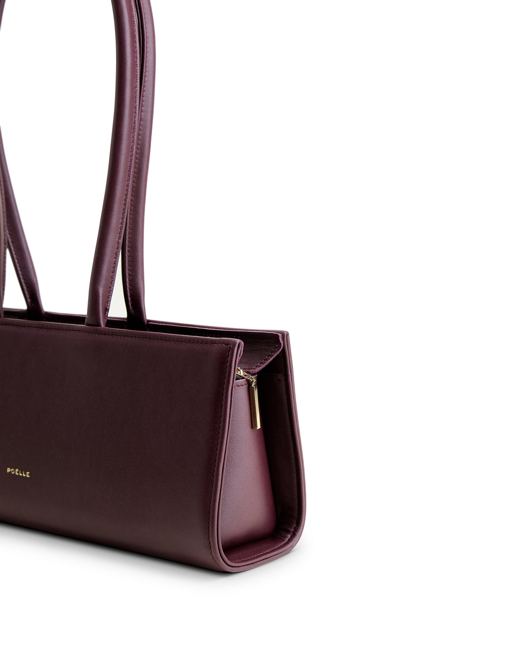 Poelle Atelier burgundy east-west horizontal leather bag with gold zipper detail and long handles