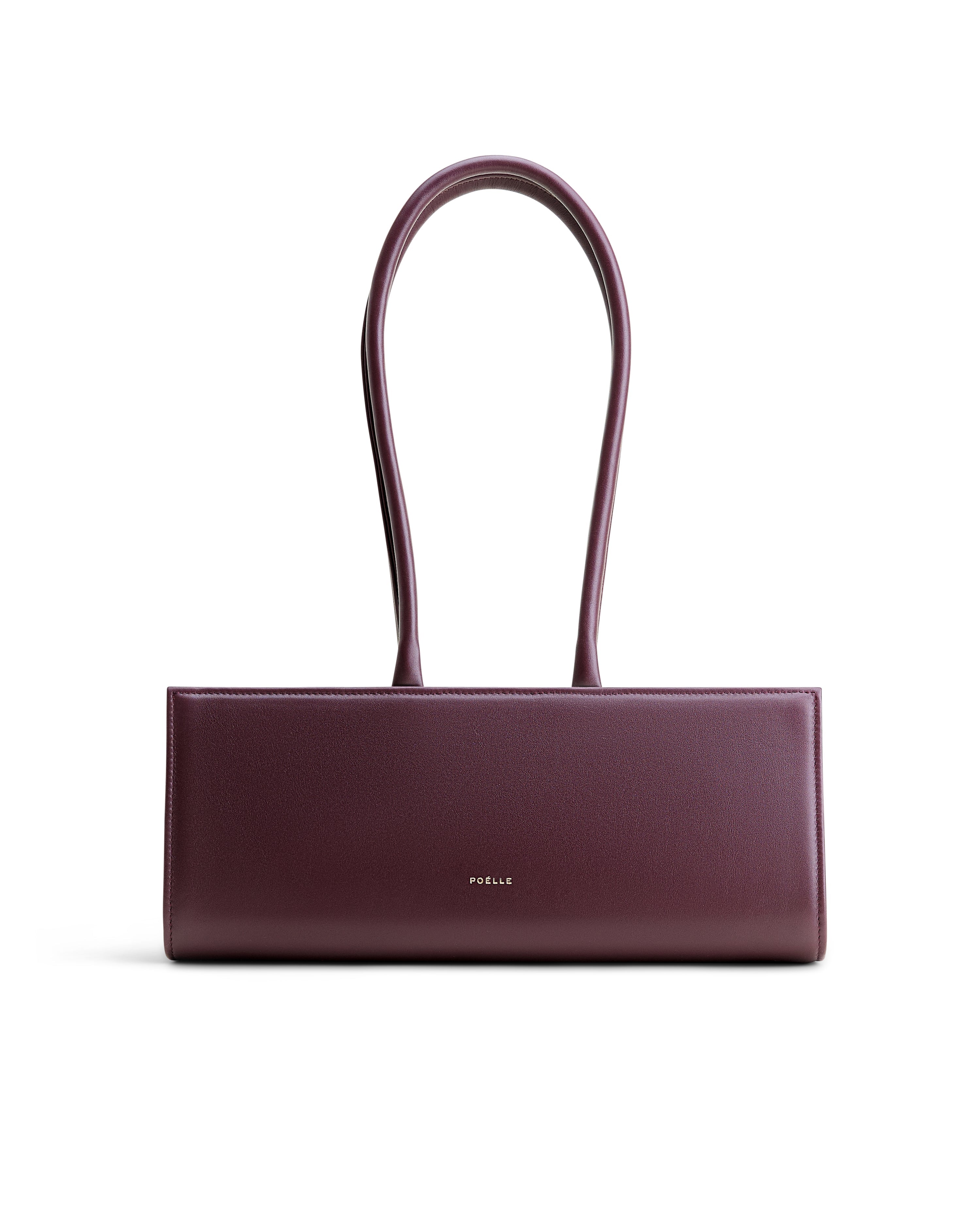 Poelle Atelier elegant burgundy east-west horizontal leather bag with long handles and minimalist design