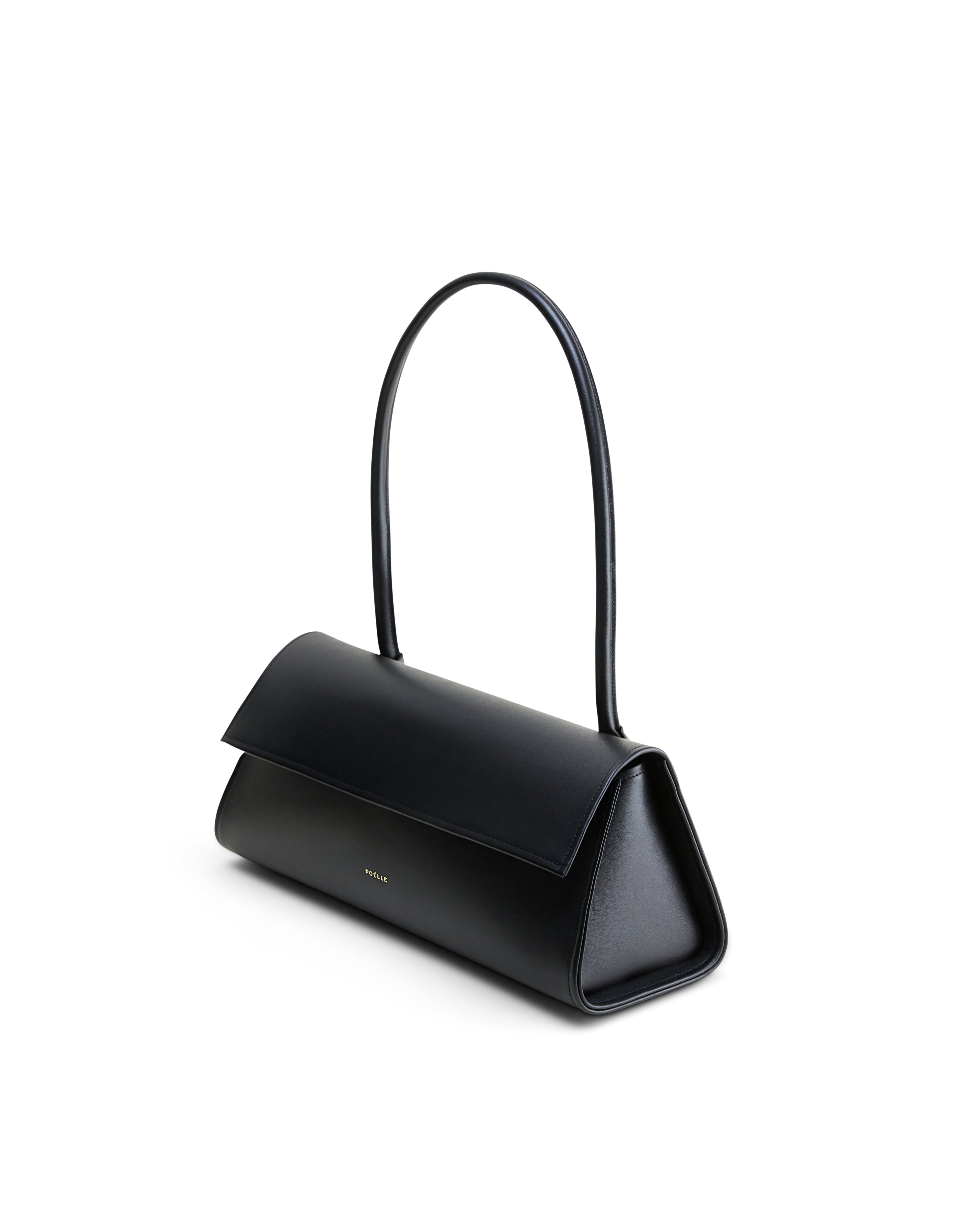 Poelle Atelier black high-end fashion leather bag with triangular shape and single top handle