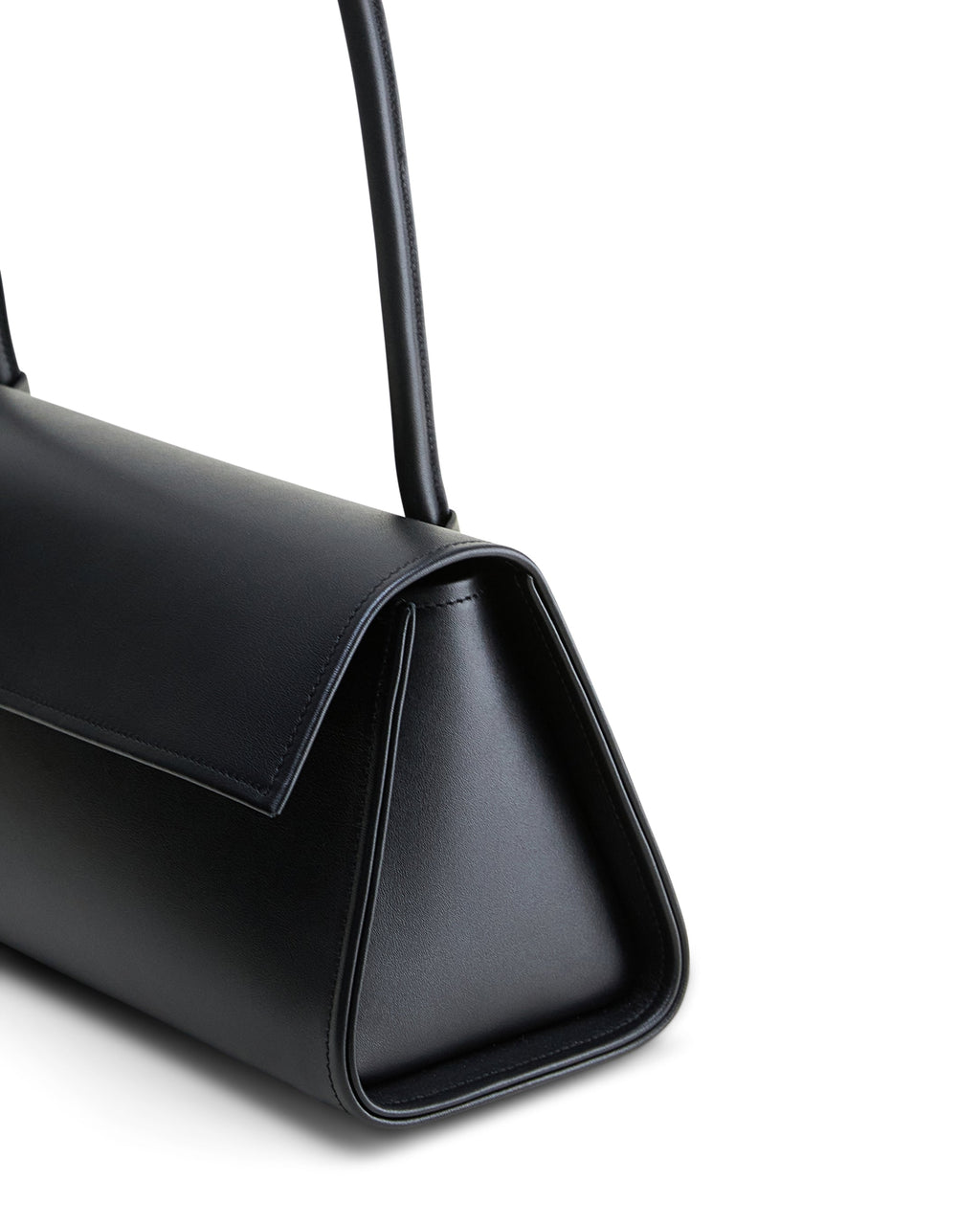 Poelle Atelier black high-end fashion leather bag with sleek triangular design and shoulder strap