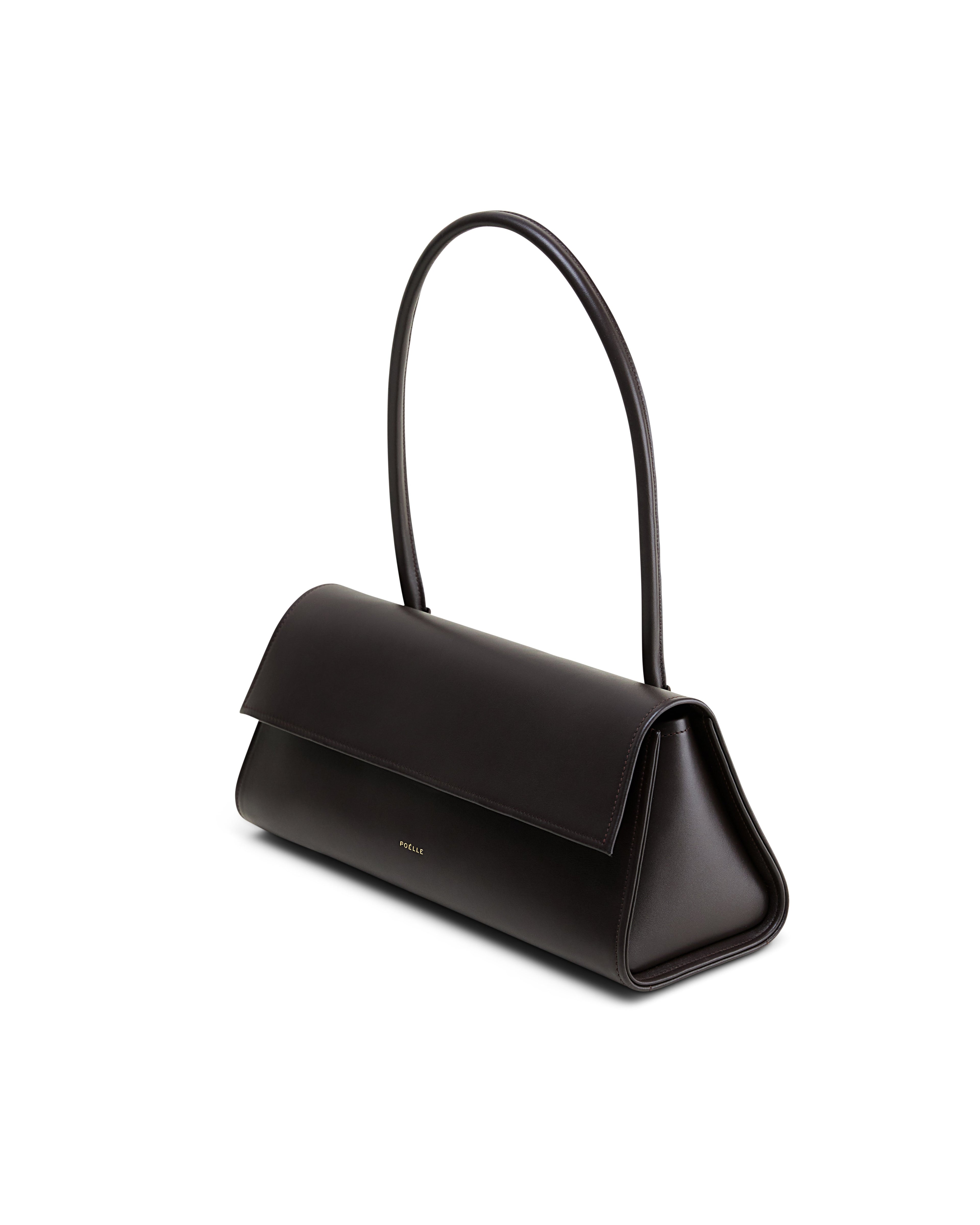 Poelle Atelier high-end fashion leather bag in sleek black with a structured silhouette and long handle