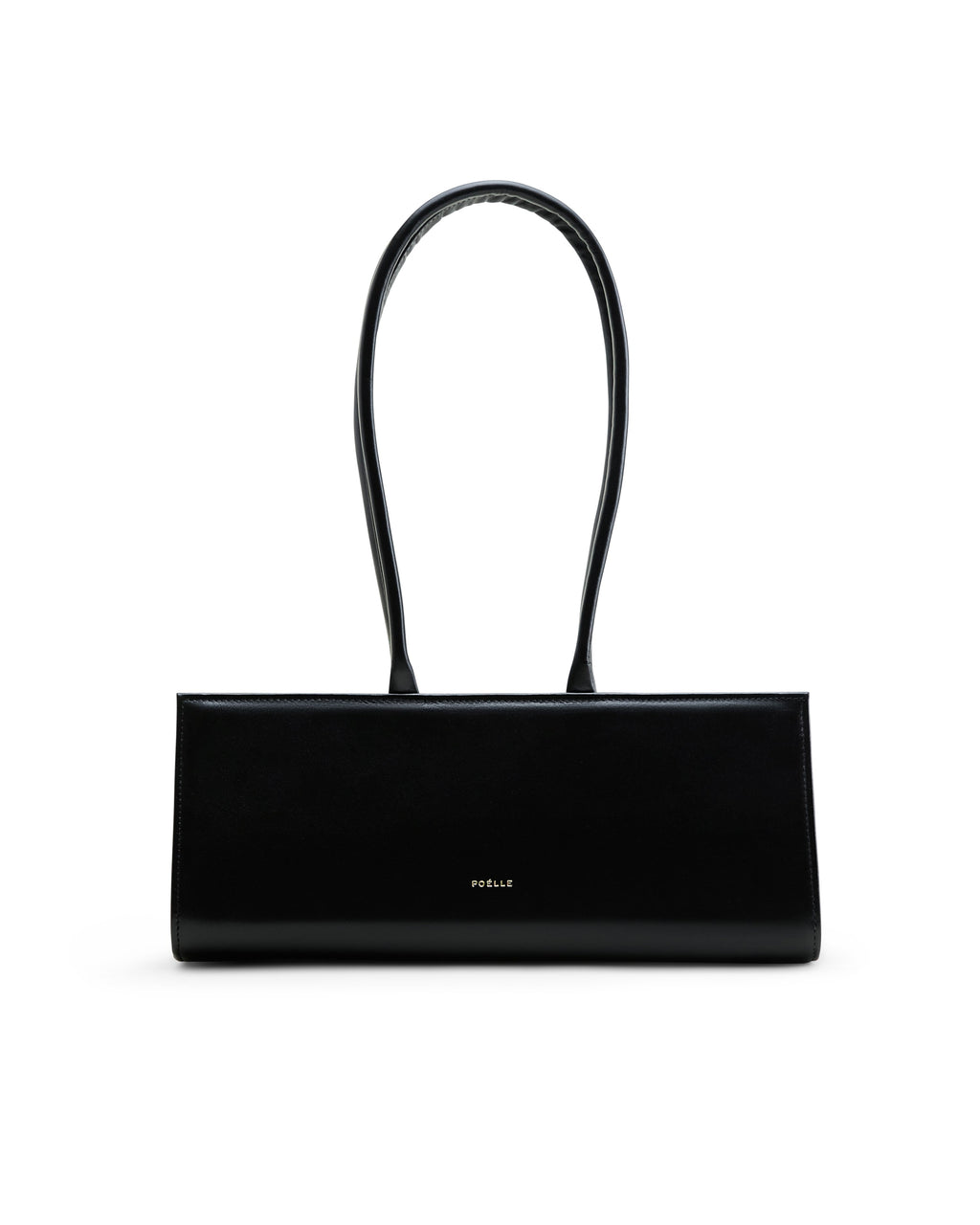 Poelle Atelier luxury black leather handbag with sleek rectangular design and long straps