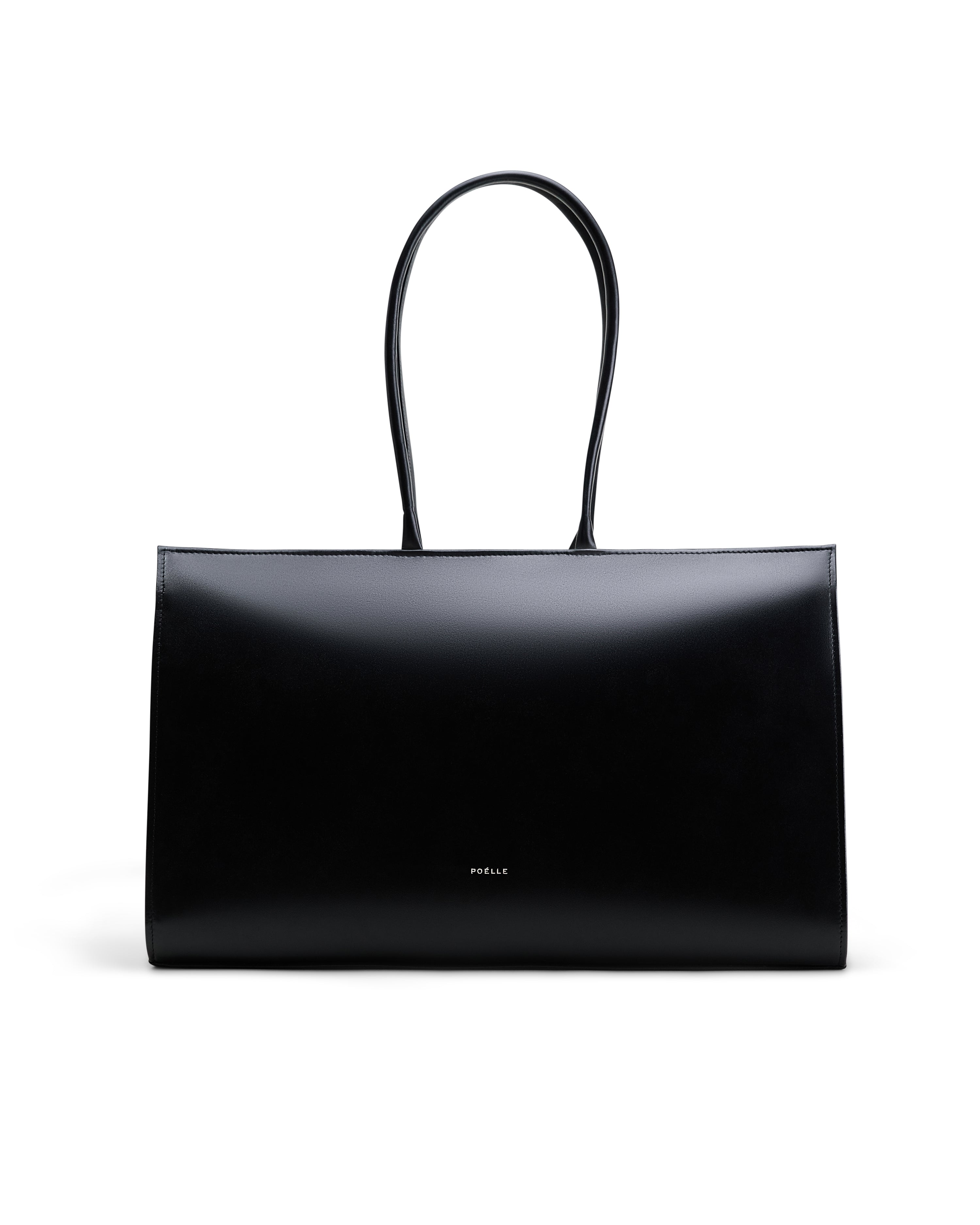 Poelle Atelier luxury black leather tote with sleek minimalist design and long handles