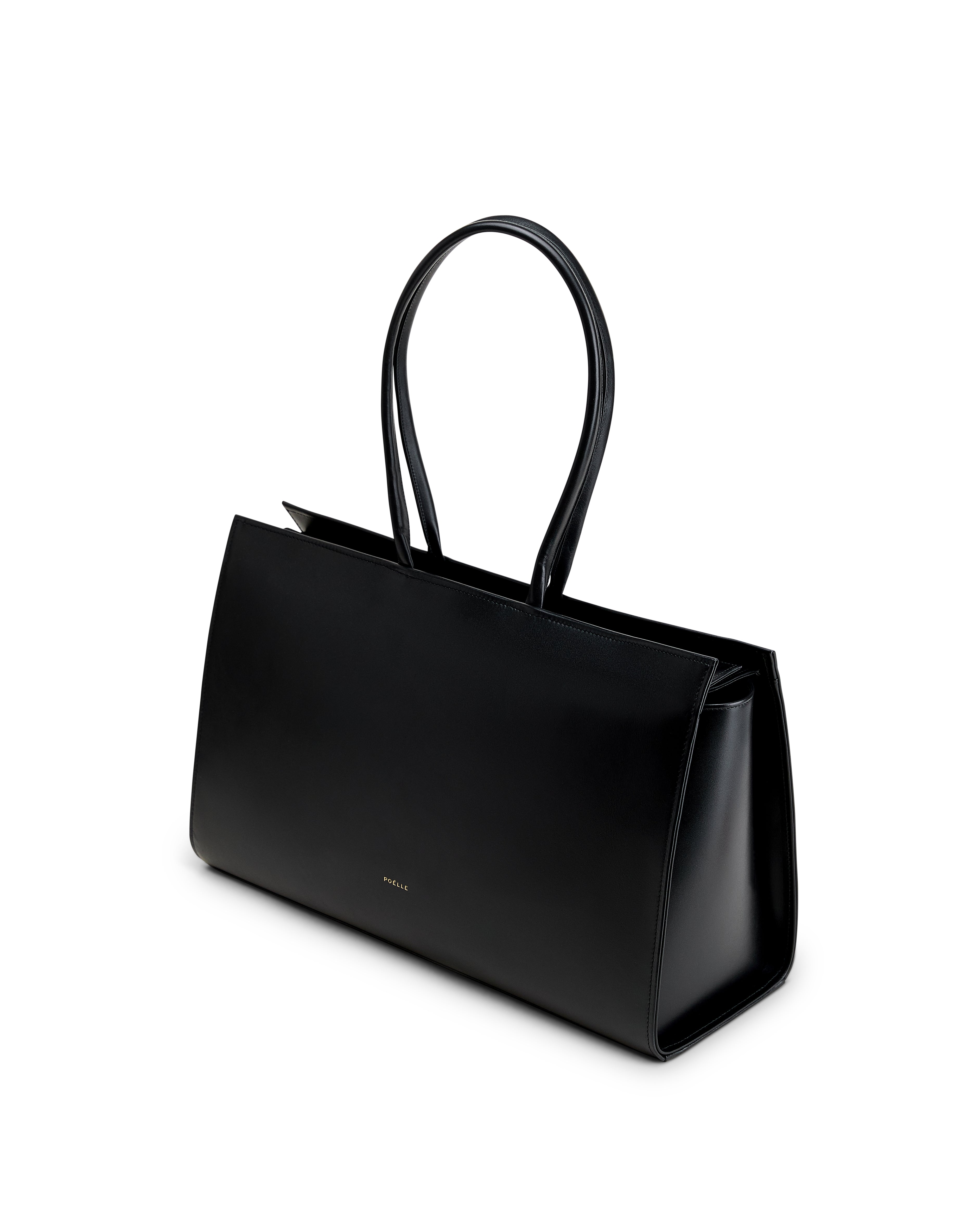 Poelle Atelier luxury black leather tote bag with sleek design and double handles